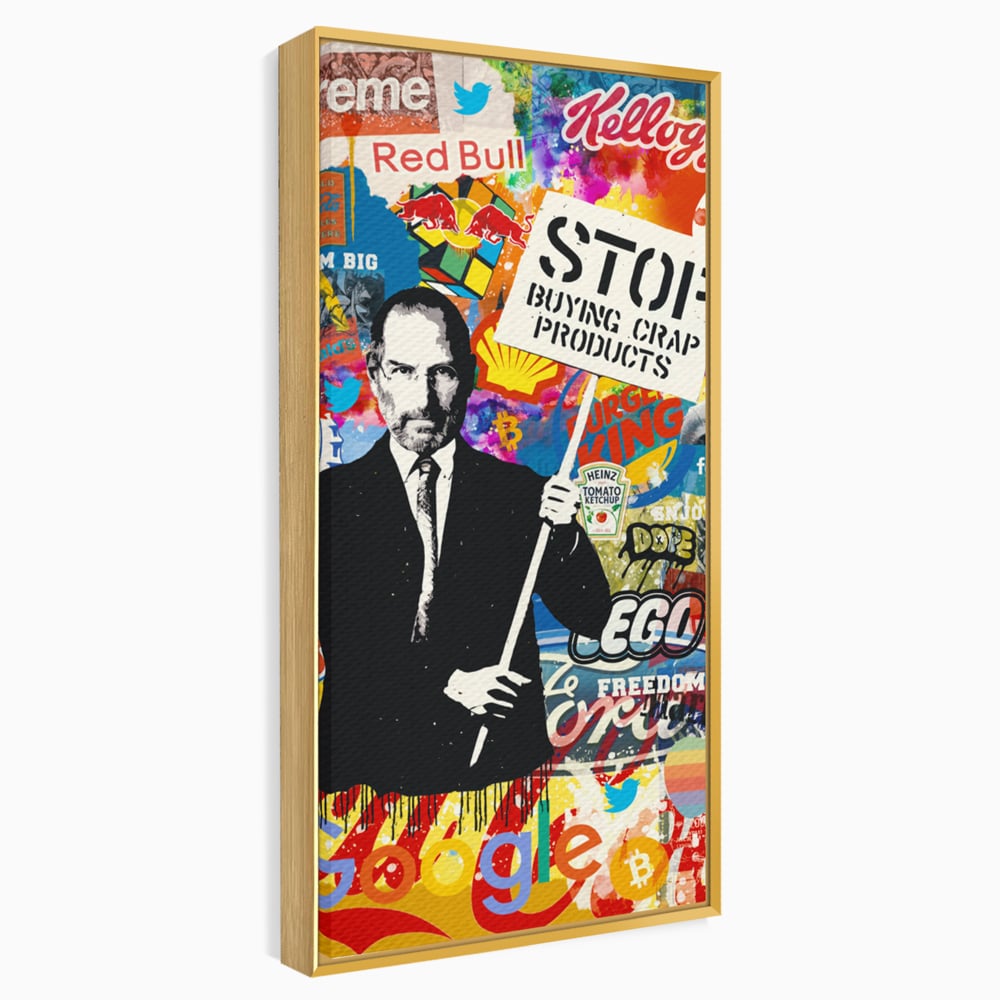 Tablou canvas cu tablou canvas cu portretul lui steve jobs, in rama de aluminiu auriu
